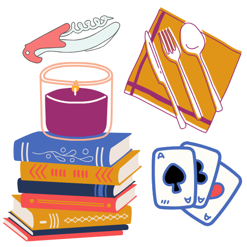 A collection of odds and ends: a corkscrew, a napkin with utensils on it, a candle purched on a stack of books, and playing cards spread on a surface